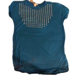 WD.NY size large blue short sleeve T-shirt with gold studded heart on front